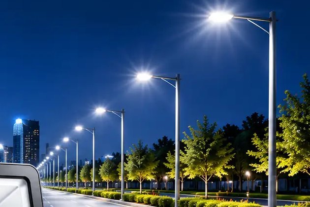 Road lit with LED street lights